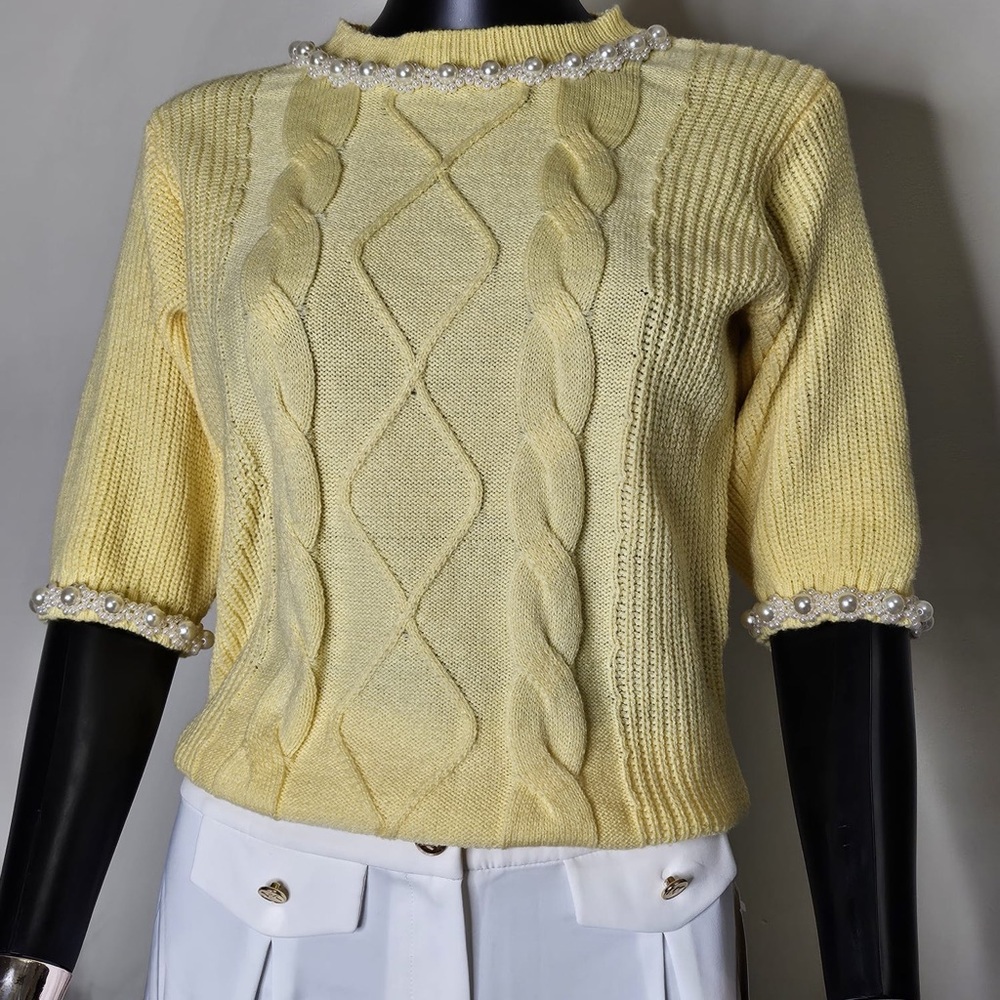Elegant Yellow Sweater with Pearl Details